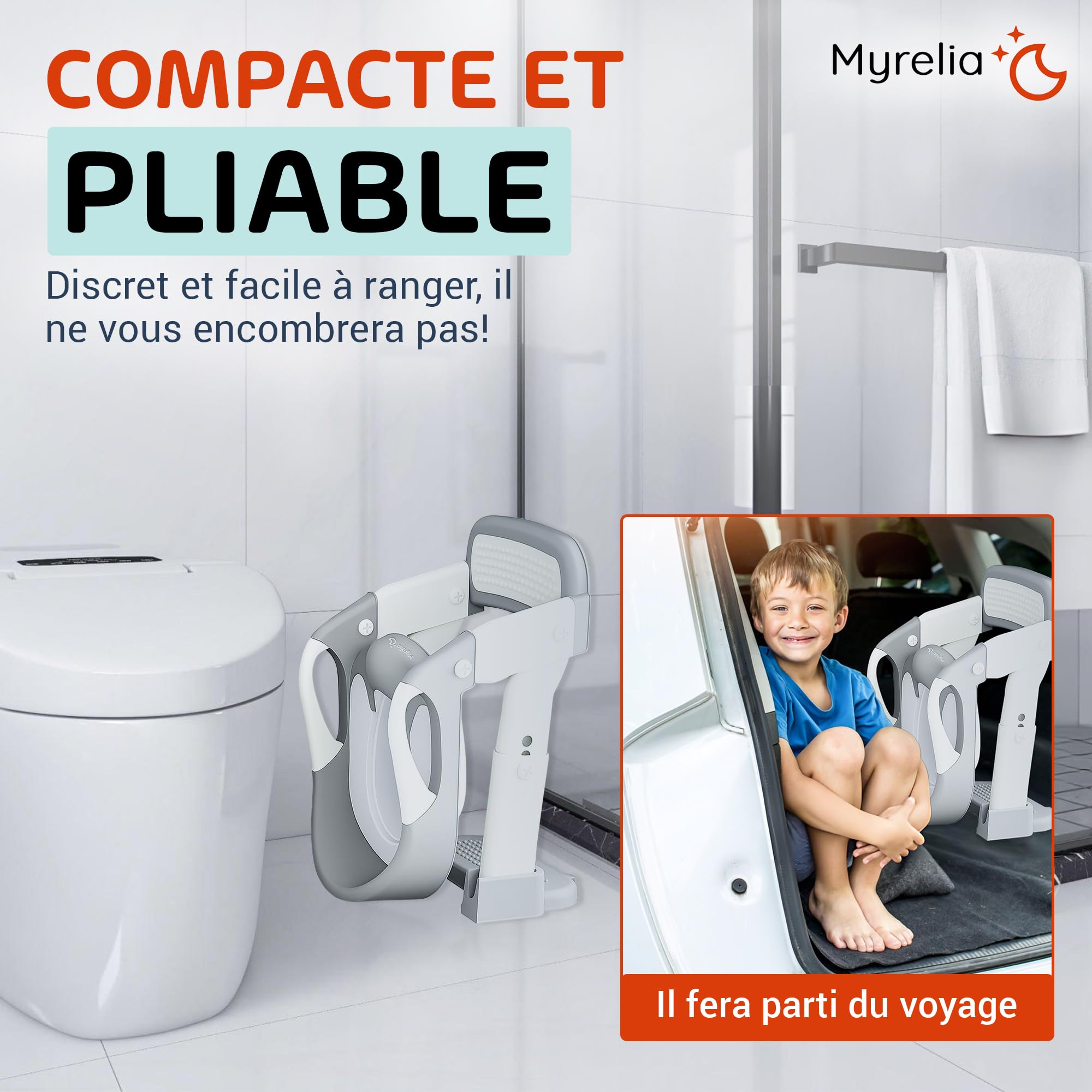 Reducteur toilette enfant 3-en-1, pot bebe toilette et adaptateur toilette enfant avec rehausseur WC, marches, poignées et dossier, antidérapant, pliable, robuste, facile à nettoyer, 3-6 ans