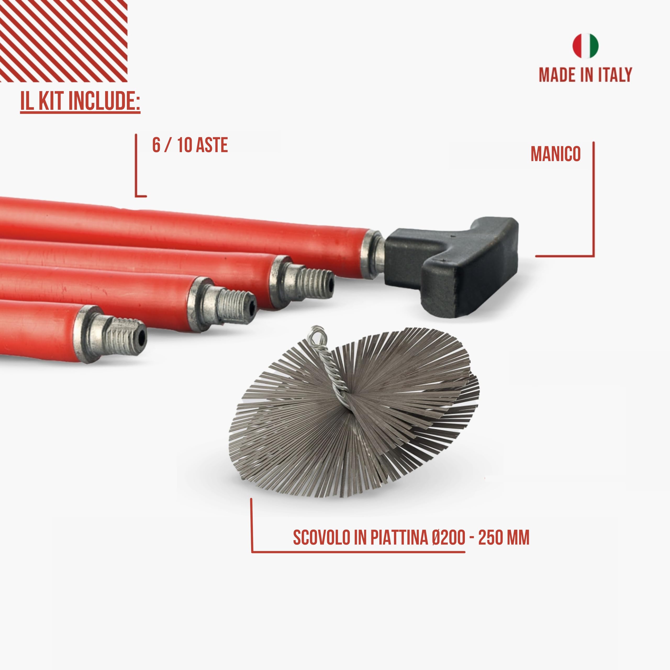 BARETTO Fireplace and Flue Cleaning Kit Ø 250 mm | Steel Brush | 6 m Poles with 45° Curvature | Crustation Removal, Chimney Sweep | Multipurpose Brush and Brush - 2