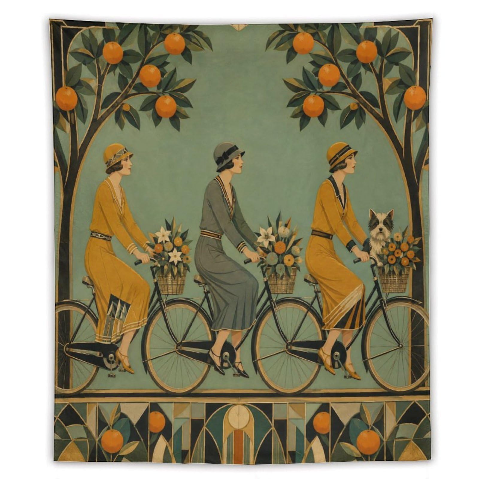 W7C8U2X3 Cyclists under Orange Trees Wall Tapestry, Art Nouveau Style, Bed