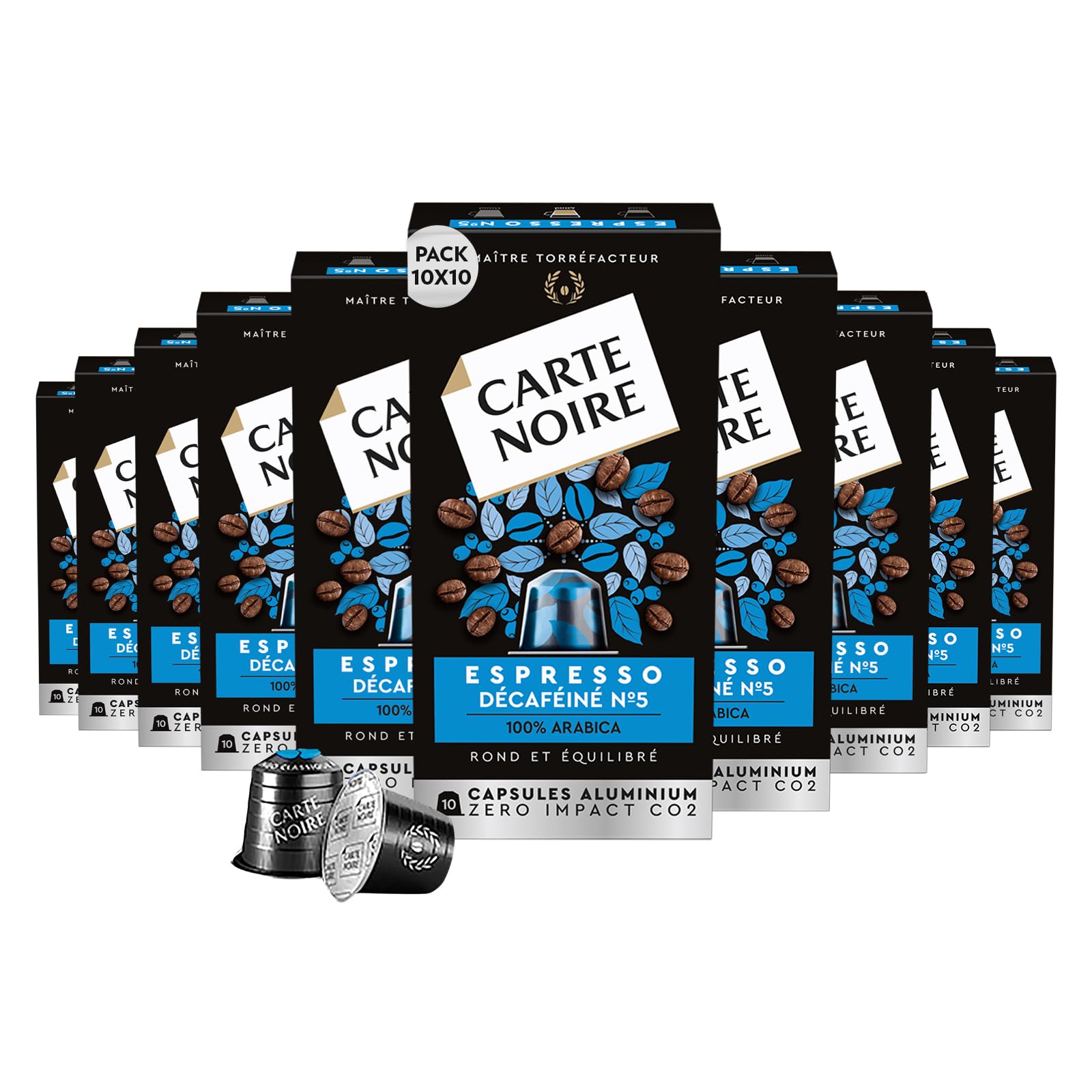 Carte Noire, Espresso Décaféiné, Nespresso Compatible Aluminium Capsules, 10 Packs of 10 Decaffeinated Coffee Pods, 100% Arabica, Cereals and Caramel Notes, Intensity 5/10