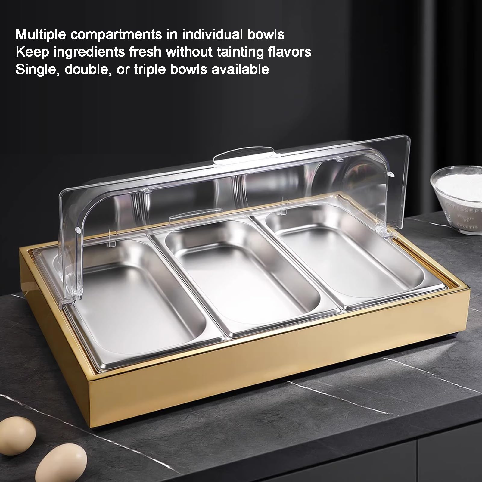 Bandeja transparente para servir alimentos helados, cubierta superior enrollable, recipiente para bufé de mariscos, 2 platos de rejilla para frutas y aperitivos, 4 cm de profundidad