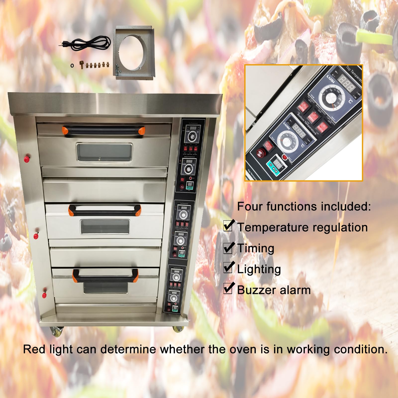 Horno de pizza comercial Máquina de hornear de Piza de calefacción de gas de 3 capas con 6 placas 110V 300W Horno de acero inoxidable para restaurantes Panaderías 0-99min 32.0 °F-752.0 °F 3