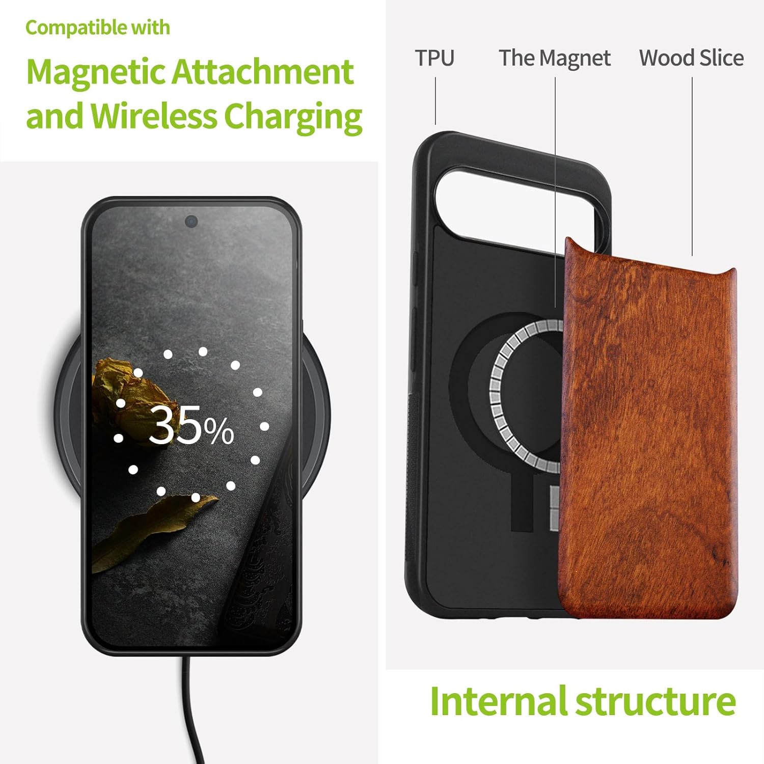 Carveit Magnetic Wooden Case for Pixel 9 Pro Google 9 Pro Case, Wood Artisan Engraved & Soft TPU Shockproof Cover, Compatible with MagSafe Wireless Chargers (Natural Grain) Rosy