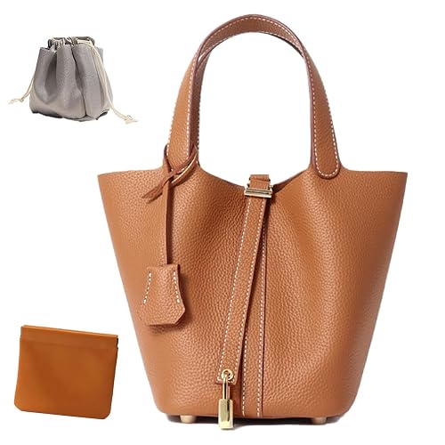 Genuine Leather Lock Design Bucket Bag Vegetable Basket, Fashionable and Versatile Shoulder Handbag - Brown