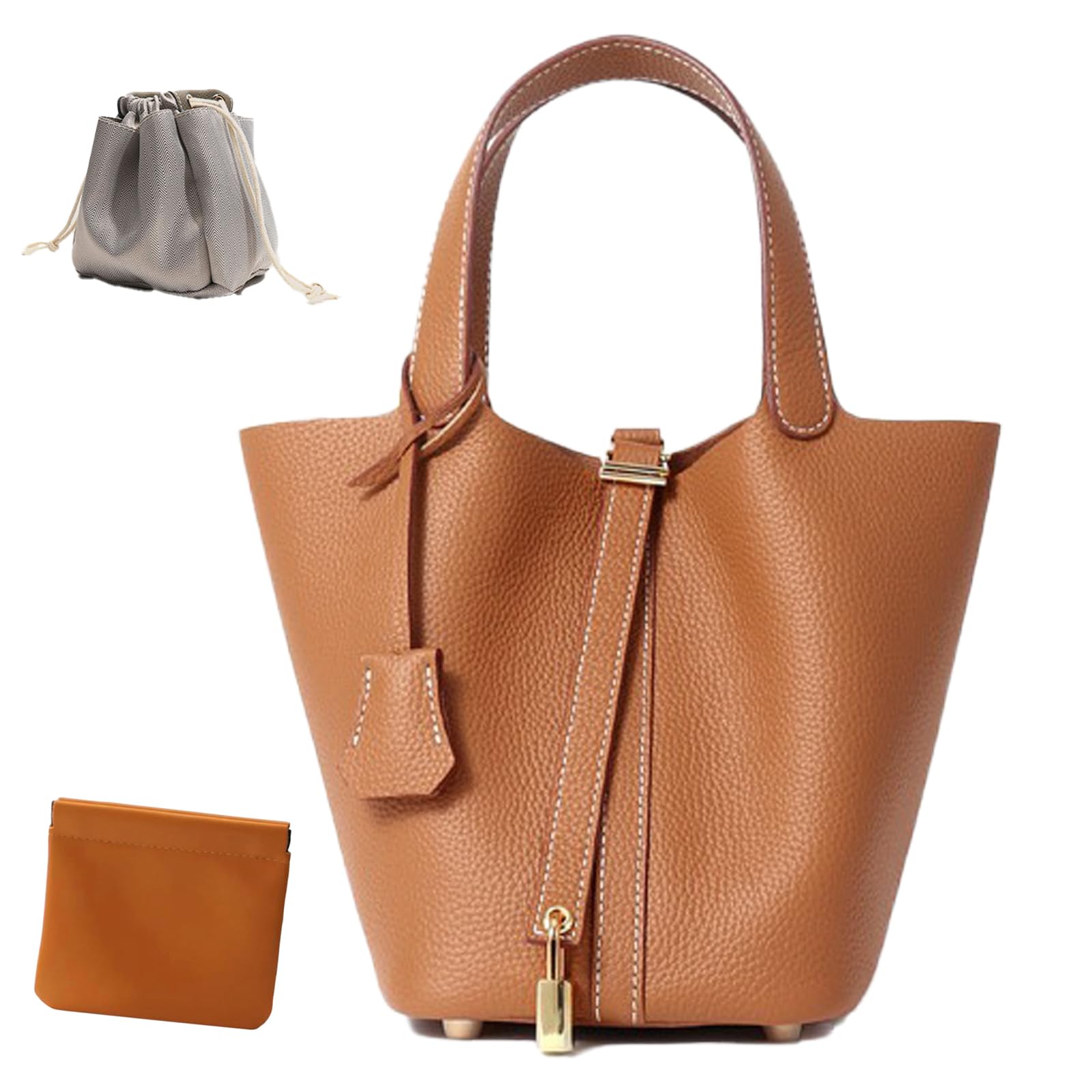 GenericGenuine Leather Lock Design Bucket Bag Vegetable Basket, Fashionable and Versatile Satchel Handbag