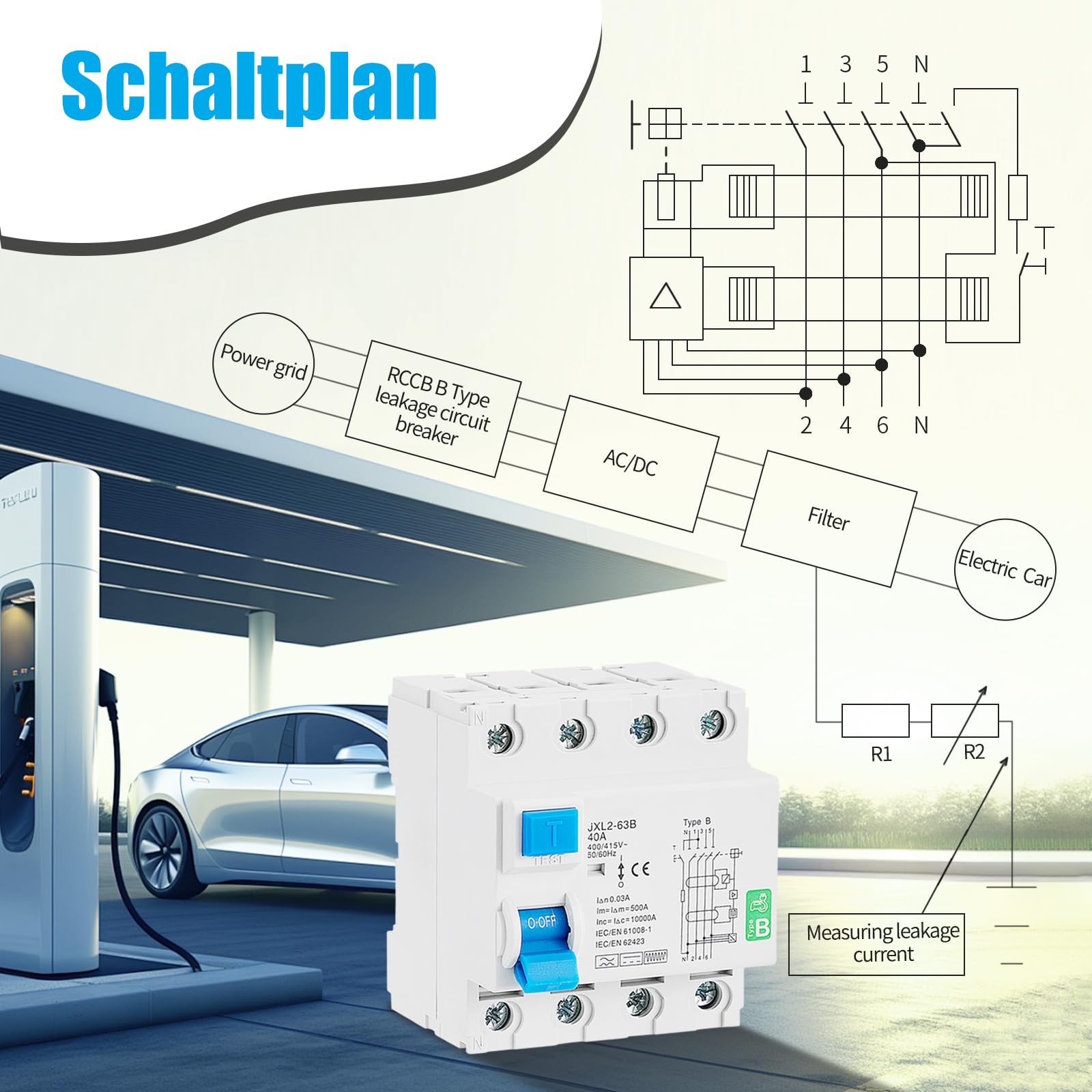 Fi Schutzschalter 40a 30ma 4 Polig mit 35mm Schiene,Fehlerstromschutzschalter Typ B,RCD, Allstromintensiv Schalter Automat Sicherung Sicherung,FI Schalter für Wallboxen Ladestationen
