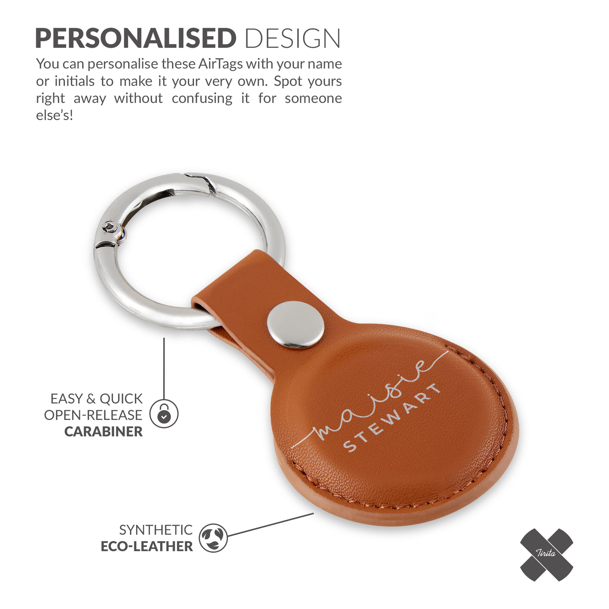 Tirita Personalised Case Keyring Holder Compatible with Apple AirTag 1 & 2 - Leather Case with Key Ring for Apple Air Tag [05- Name Handwritten on Brown] — view 5