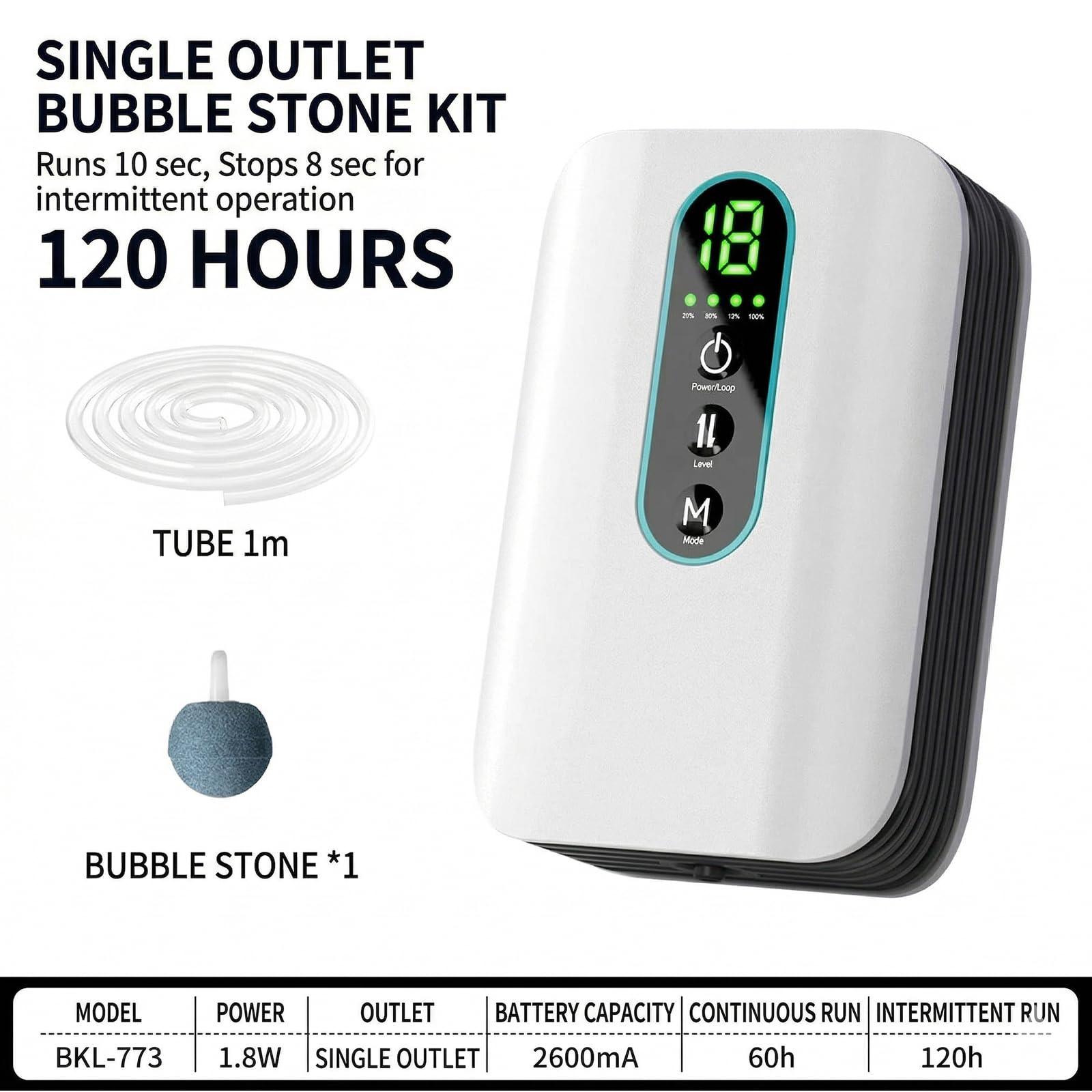 Pompe à air pour aquarium Behogan, pompe à oxygène rechargeable de 1,8 W avec 1 sortie, deux modes d'alimentation en oxygène, pompe à oxygène silencieuse pour aquariums, débit d'air réglable sur 6 niv