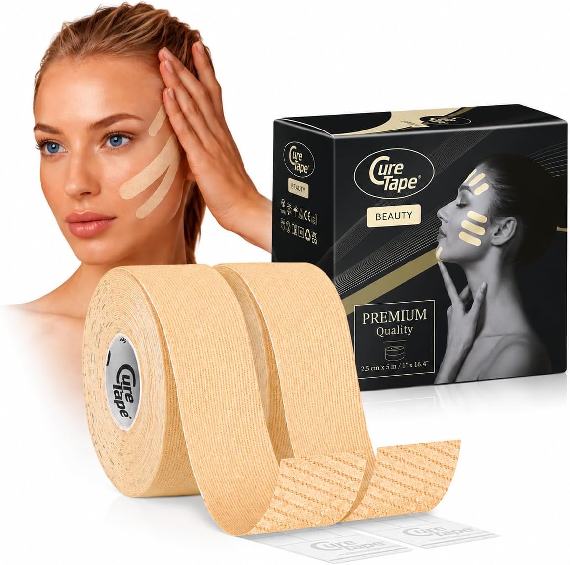 CureTape Beauty Kinesiology Tape | Anti-Wrinkle Face Tape | Face Lift Tape for Toning, Firming & Tightening The Skin | Kinesiology Tape for Face | Soft on The Skin (1'' X 16', 2 Pack)