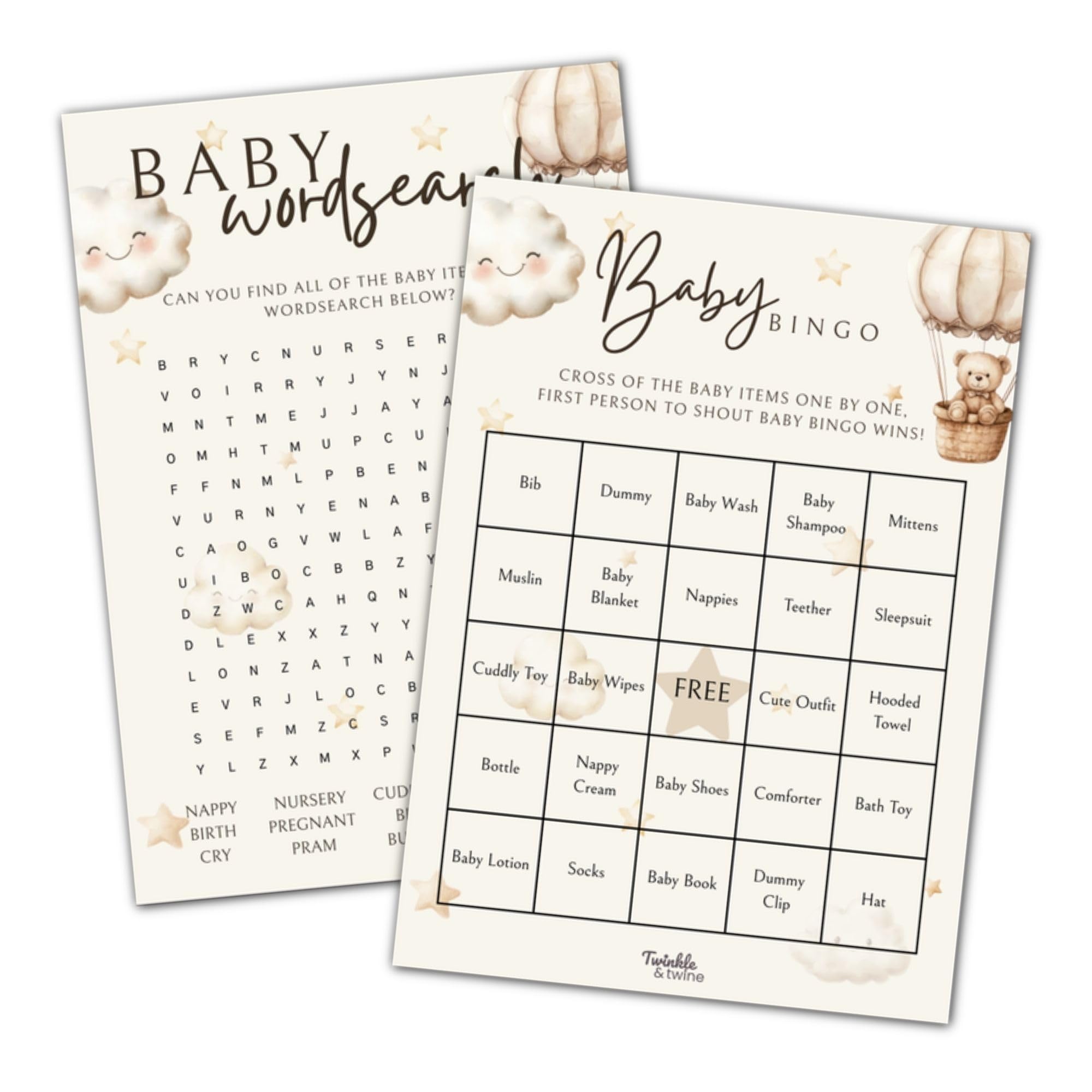 Twinkle & Twine Neutral Teddy Bear Baby Bingo & Wordsearch β 20 Pack