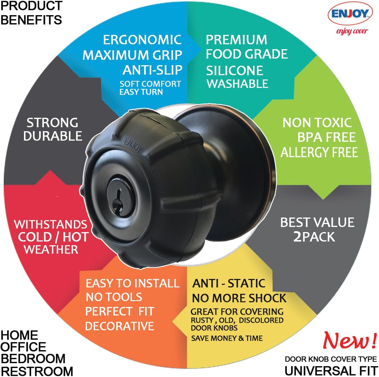 Enjoy Cover - 2 Pack Silicone Door knob Grips Maximum Grip Nonslip Arthritis & Senior Living Aids Grippy Easy Open Fits All Door Knob Universal Size Decorative (Black)