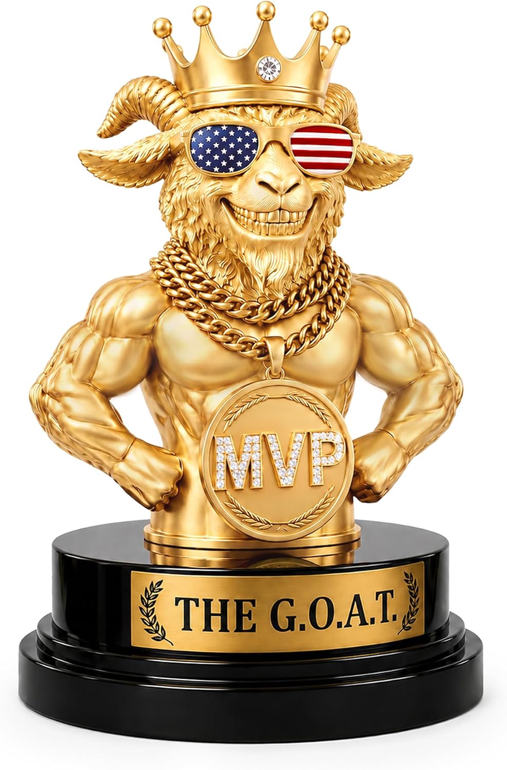 Goat Trophy Winner Award, 7 Inch Funny Greatest of All Time Gift | Gold-tone resin GOAT trophy with crown, MVP medallion, faux rhinestones for fantasy football, office MVPs, game nights