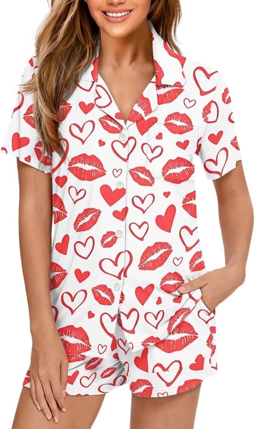 Summer Pajama Set for Women, Short Sleeve Button Down Pjs, 2 Piece Cute Print Loungewear Sleepwear Plus Size