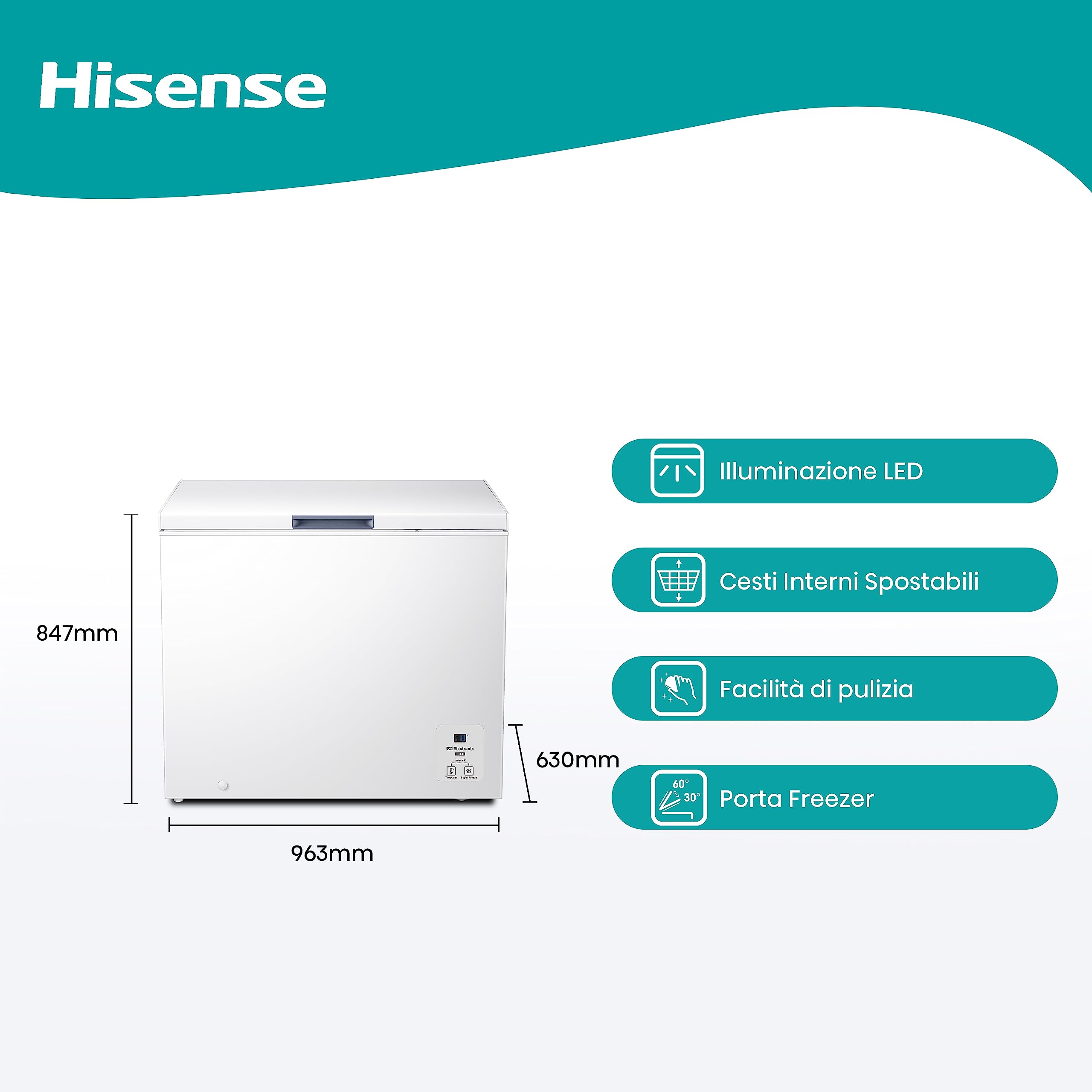 Hisense FC321D4AWLE Congelatore a Pozzo 248 L di capacità, Silenzioso 40 dB, Bianco, LxPxA 96,3x 63 x 84,7 cm