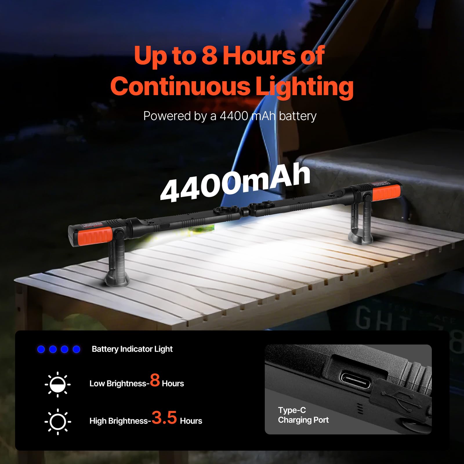 VEVOR Luce da Lavoro Sottocofano 1450 LM Luce LED Magnetica Luminosa Ricaricabile 4400 mAh Barra Luminosa da Lavoro Portatile per Meccanici Senza Fili, Riparazione Auto, Ispezione, Garage, Officina