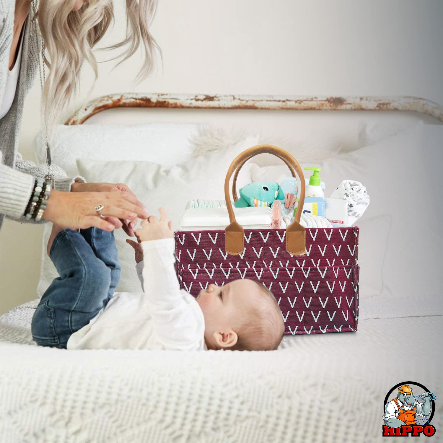 HIPPO Cute Diaper Caddy Bag for Smart Mothers, Baby Diaper Caddy Organizers - Felt Storage Mother Bags - for Diaper & Baby Wipes, Nursery Storage Foldable and Portable (Wine-Tent, Large) - Image 7 thumbnail