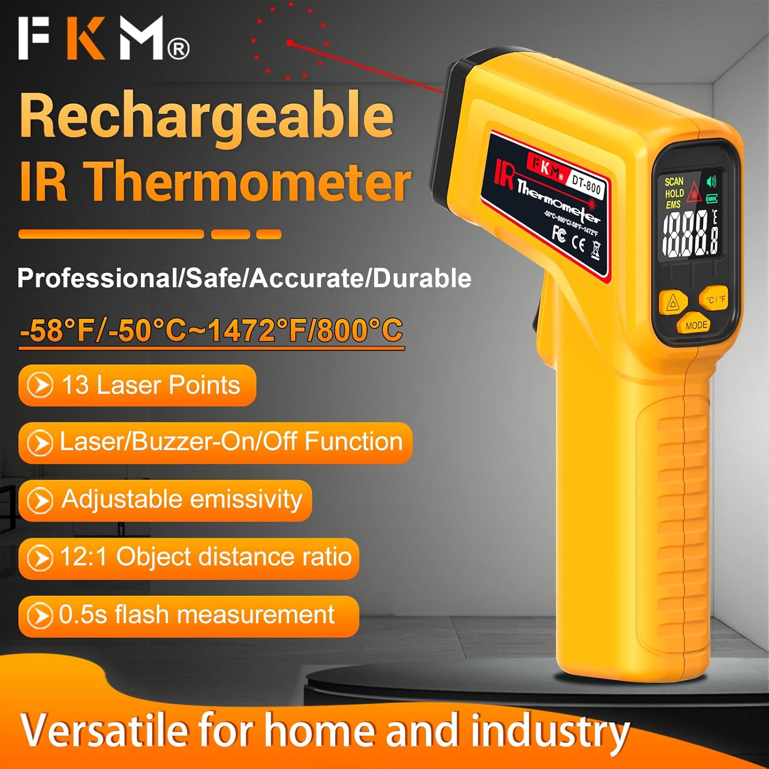 FKM Rechargeable Infrared Thermometer Gun Non-Contact Laser Thermometer Gun,High Precision,-58°F~1472°F,Digital IR Temperature Gun for Cooking,Griddle,Oven,Meat Food,HVAC,Automotive,Industrial Tools