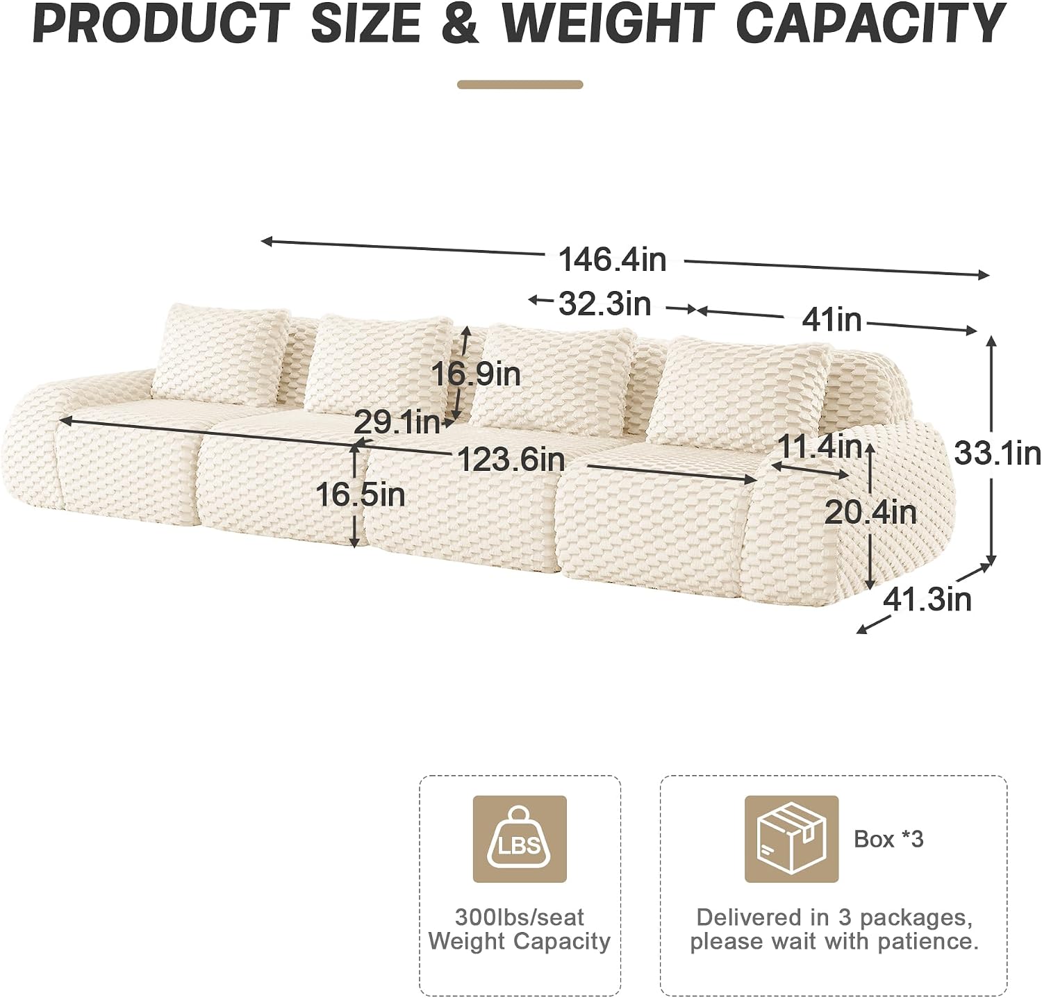 ZeHuoGe Modern Modular Sectional Sofa for Living Room,Flannelette Fabric,Oversized 4-Seater Couch,Deep Seat Boneless Sofa with Buckle Connection,No Assembly (Cream)