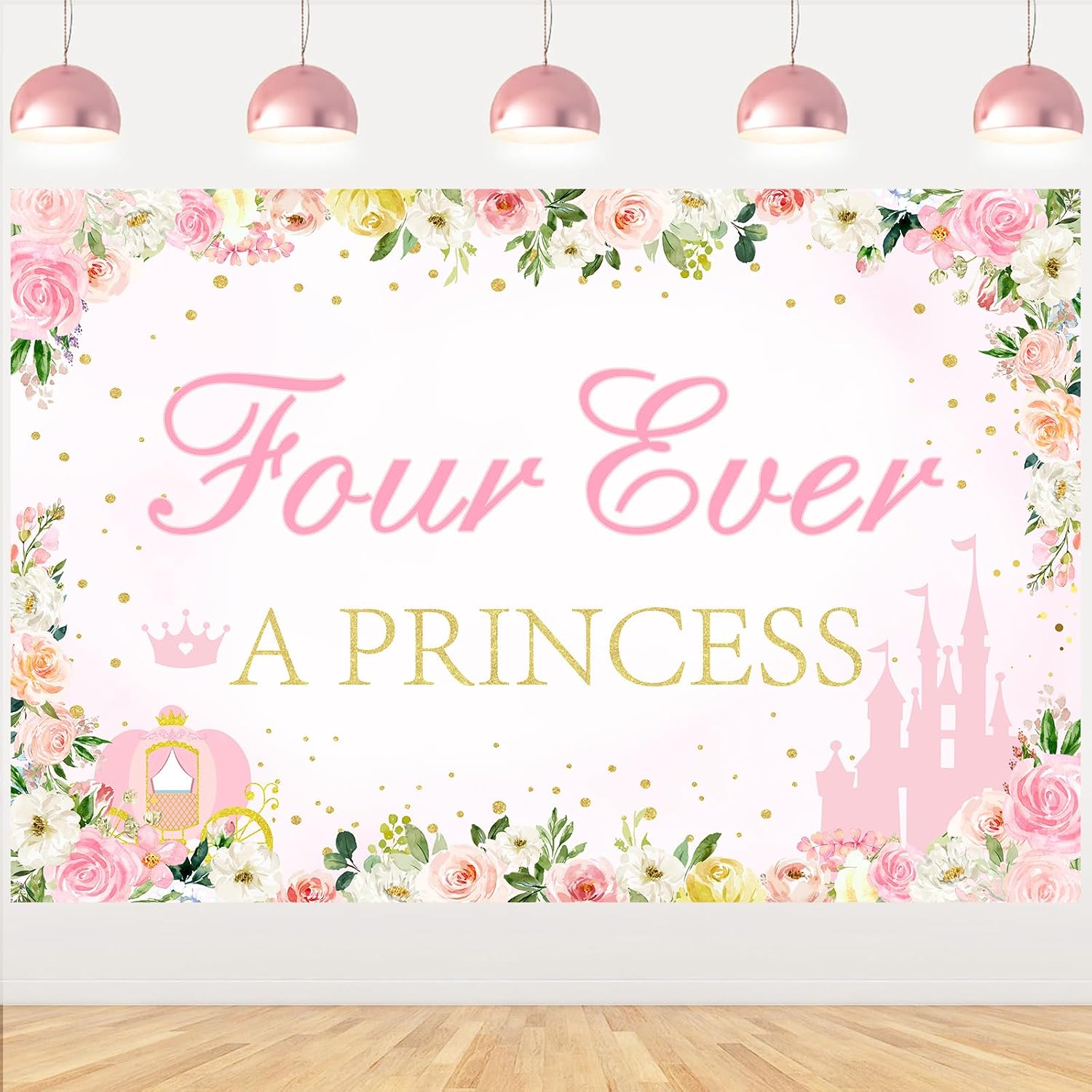 Four Ever a Princess Birthday Decorations Backdrop, Princess 4th Birthday Party Decorations Backdrop Banner for 4 Year Old Girl Birthday 5 x 7ft