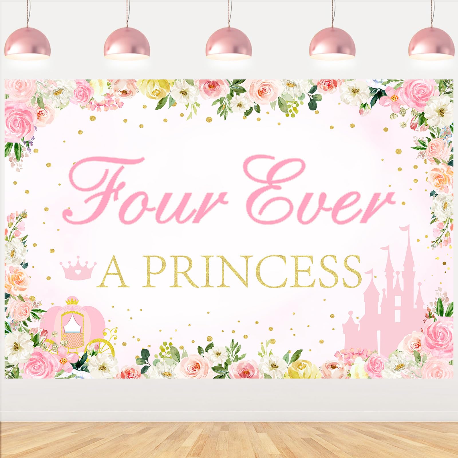 kreat4joy Four Ever a Princess Birthday Decorations Backdrop, Princess 4th Birthday Party Decorations Backdrop Banner for 4 Year Old Girl Birthday 5 x 7ft