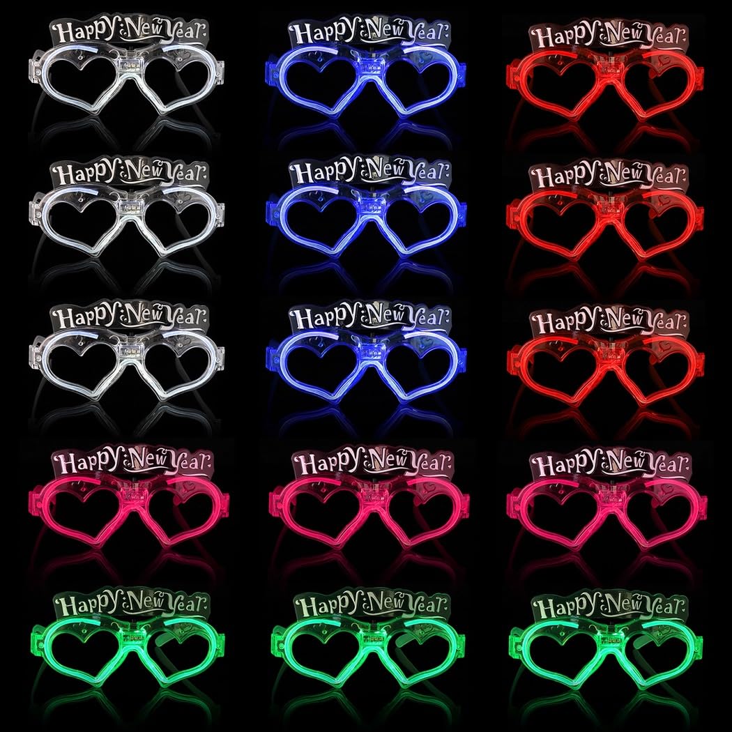 15 occhiali a LED, a forma di cuore, con stampa di buon anno, occhiali colorati lampeggianti, cornici per Capodanno 2024, bomboniere che si illuminano al buio