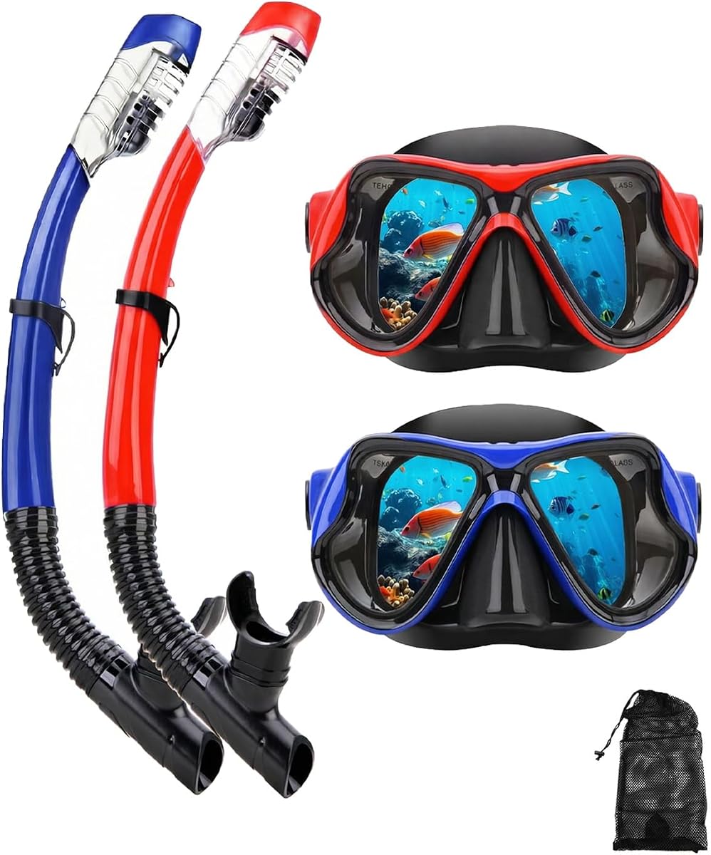 Equipo de snorkel para adultos y niños, juego de máscara de snorkel con tapa seca, máscara de buceo antivaho, juego de máscara de snorkel para adultos jóvenes, máscara de buceo panorámica de vista amplia, paquetes de snorkel de natación ajustables