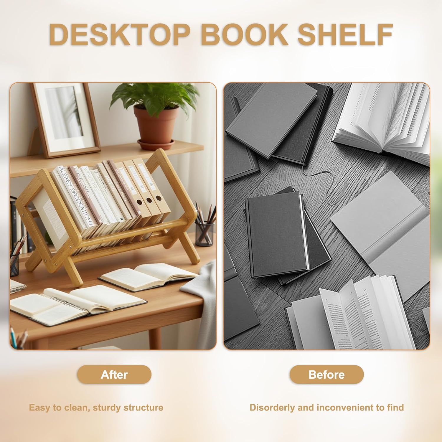 Wood Tilting Bookcase for Desktop, Bamboo Desk Bookshelf, Small Tabletop Book Rack Shelf Organizer Display Stand for Books, Magazines, CDs, Files Dispaly in Living Room, Office, Home, Bedroom