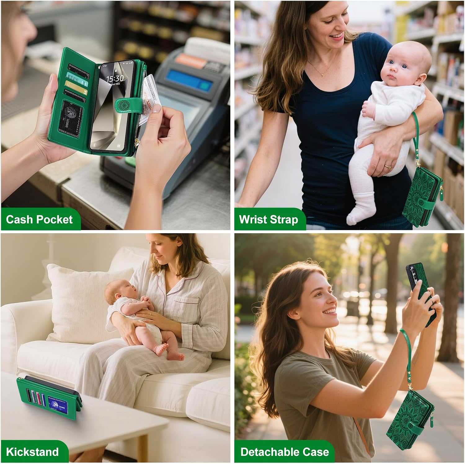 Harryshell 2 in 1 for Samsung Galaxy S25 Edge Wallet Case Magnetic Compatible with Magsafe RFID Blocking Card Holder Detachable Phone Cover Zipper Purse Kickstand Wrist Strap Men Women Floral Green
