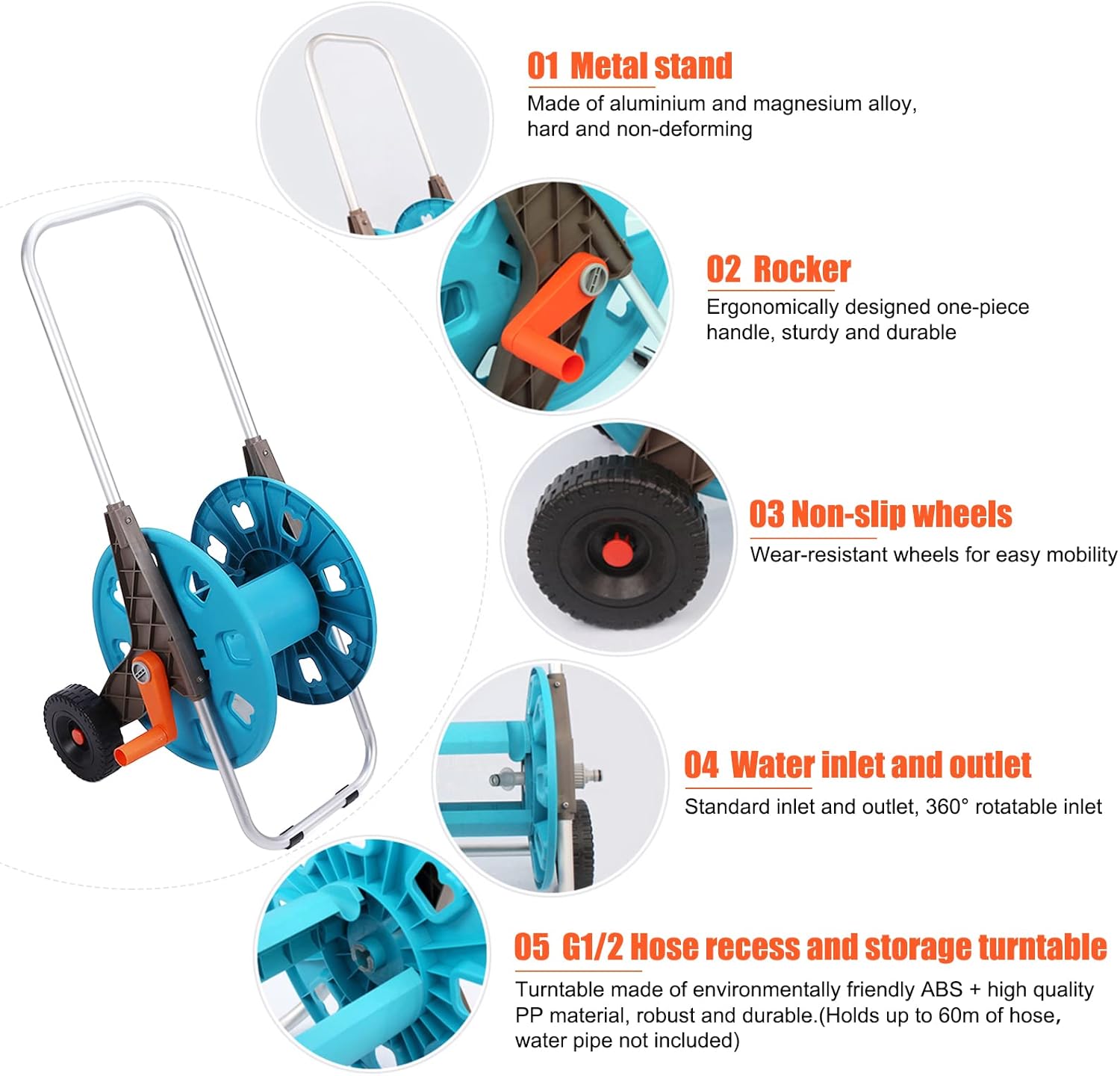 EVTSCAN Portable Garden Hose Reel Cart, 2 Wheeled Hose Trolley Holds 196 Foot Hose Capacity, Aluminium Tube, Easy to Assemble, Keep Your Yard Neat and Tidy, for Watering Plants and Lawns, Washing Cars