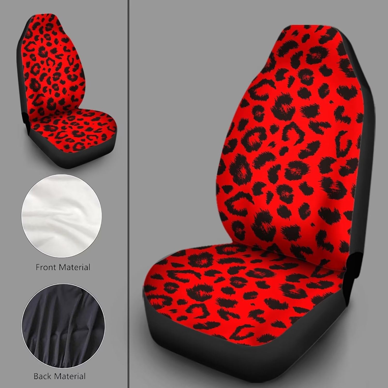 Universal Fit Car Seat Covers Set of 2 Front Seats Only, Red Leopard Print Vehicle Seat Protector, Fashion Cheetah Design
