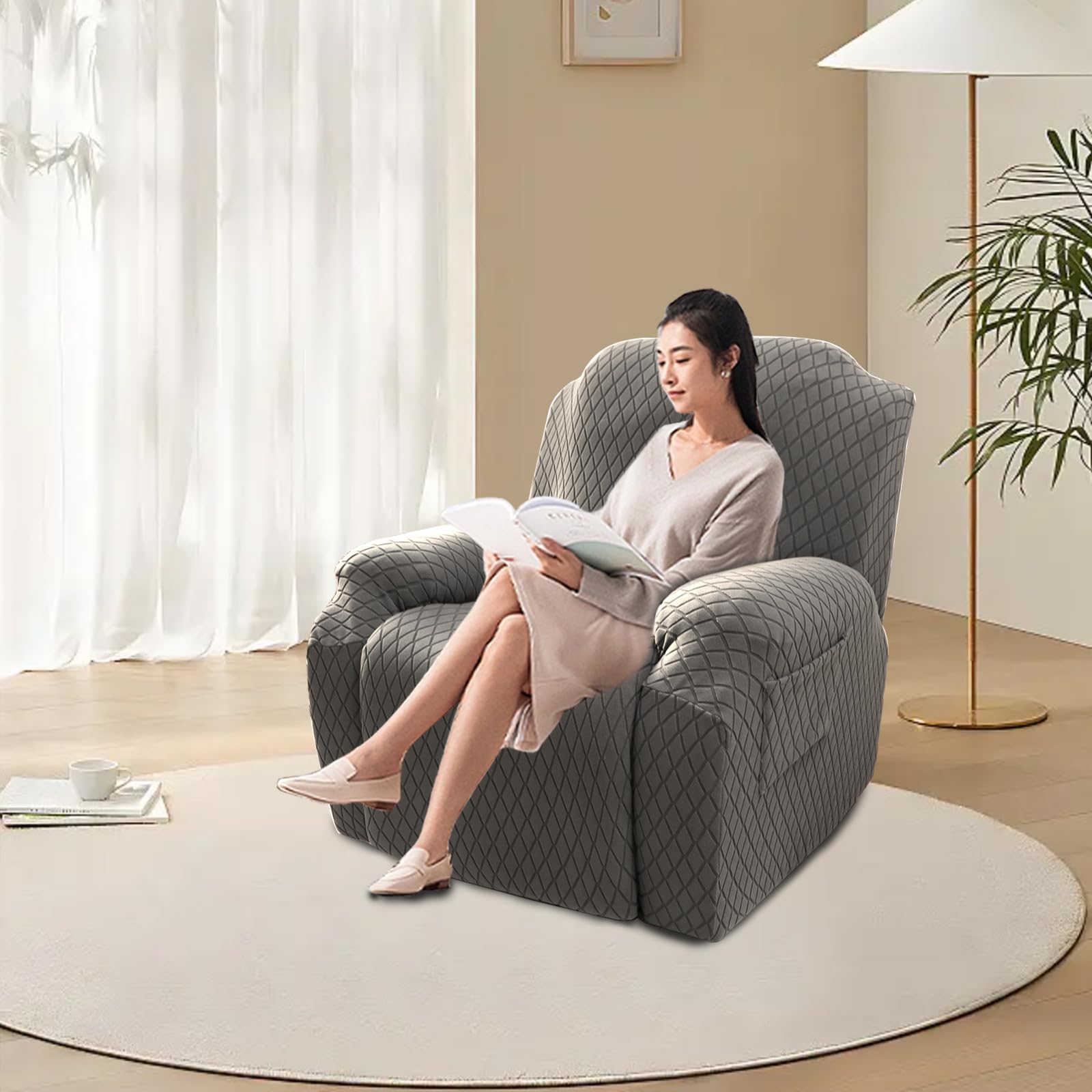 FBKPHSS Copripoltrona Fodera per Poltrona, Coprisedile Poltrona Reclinabile per Chivas con Tasche Lavabile Tessuto Elasticizzato Jacquard Lavabile in Lavatrice,Sand,Single Seat
