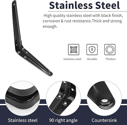 Miniatura 2 de Paquete de 4 soportes de estante de pared negros de 8 pulgadas resistentes, soportes de pared flotantes soporte L soporte colgante soporte de