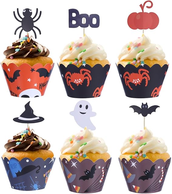 48 Halloween Cupcake Decorations Set Halloween Cupcake Wrapper Cases and Halloween Cupcake Toppers for Halloween Party Decoration