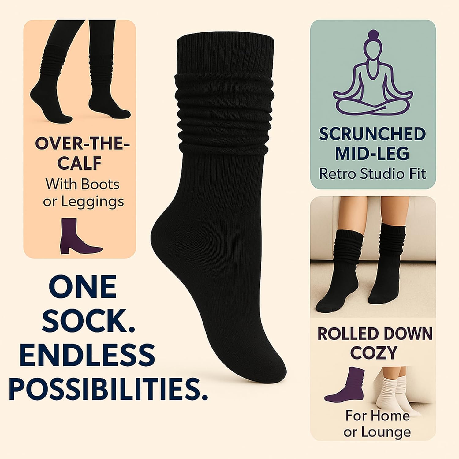 AWS/American Made Slouch Socks Cotton Scrunch Knee High Extra Long and Heavy Socks