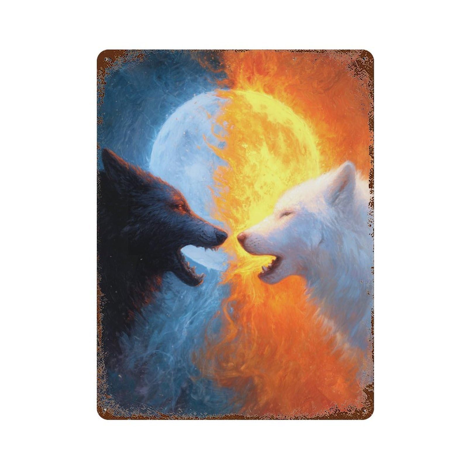 Yin Yang Wolves Art Print -1 15.7"x11.8" Vintage Rust Metal Sign, Classic Wall Plaque for Pub, Kitchen And Man Cave Decor