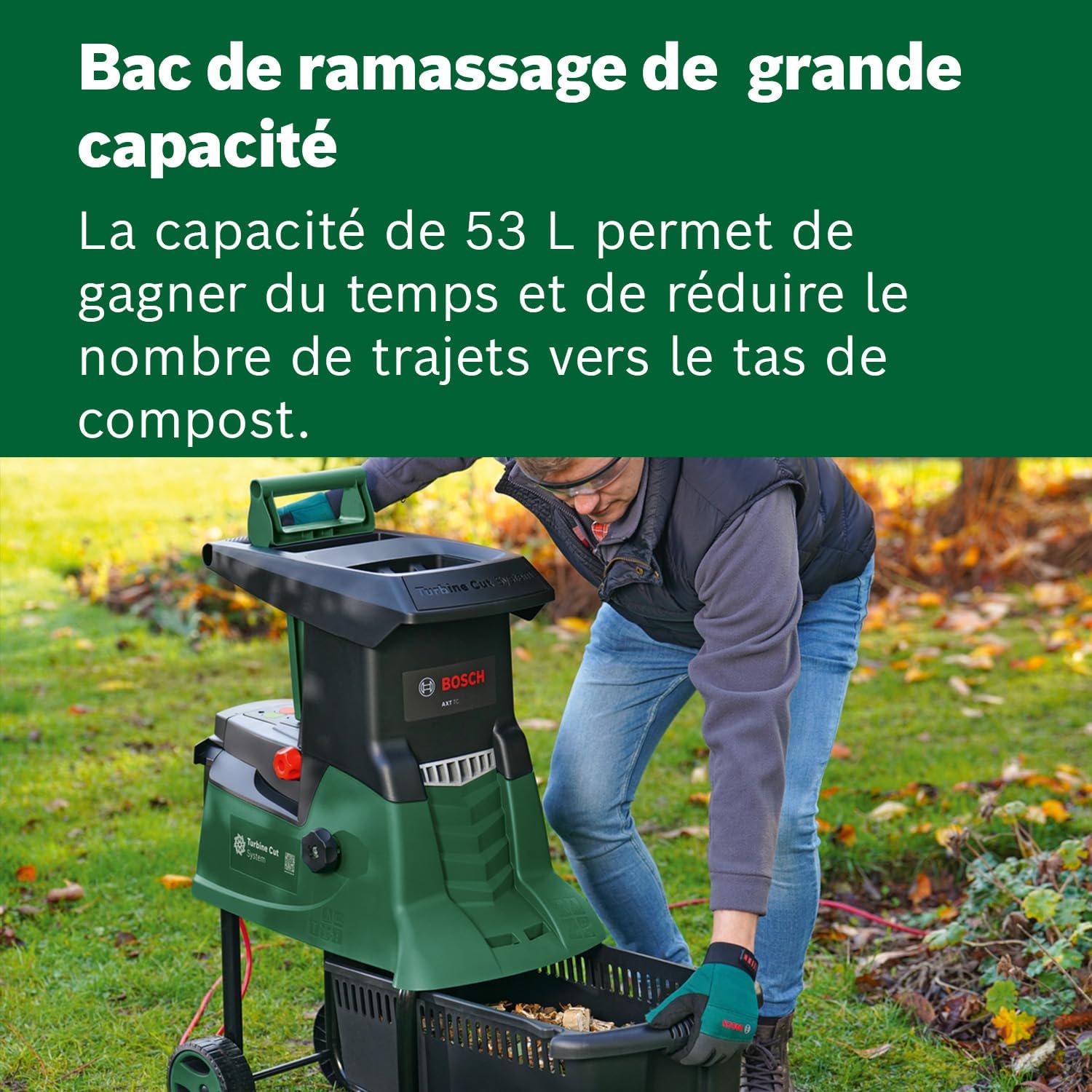 Broyeur de jardin à turbine Bosch - AXT 25 TC (2 500 W;conçu pour le bois et les débris de jardin;fourni avec des gants de jardin;bac de ramassage de 53L intégré;livré dans un carton) – Amazon Edition — vue 4