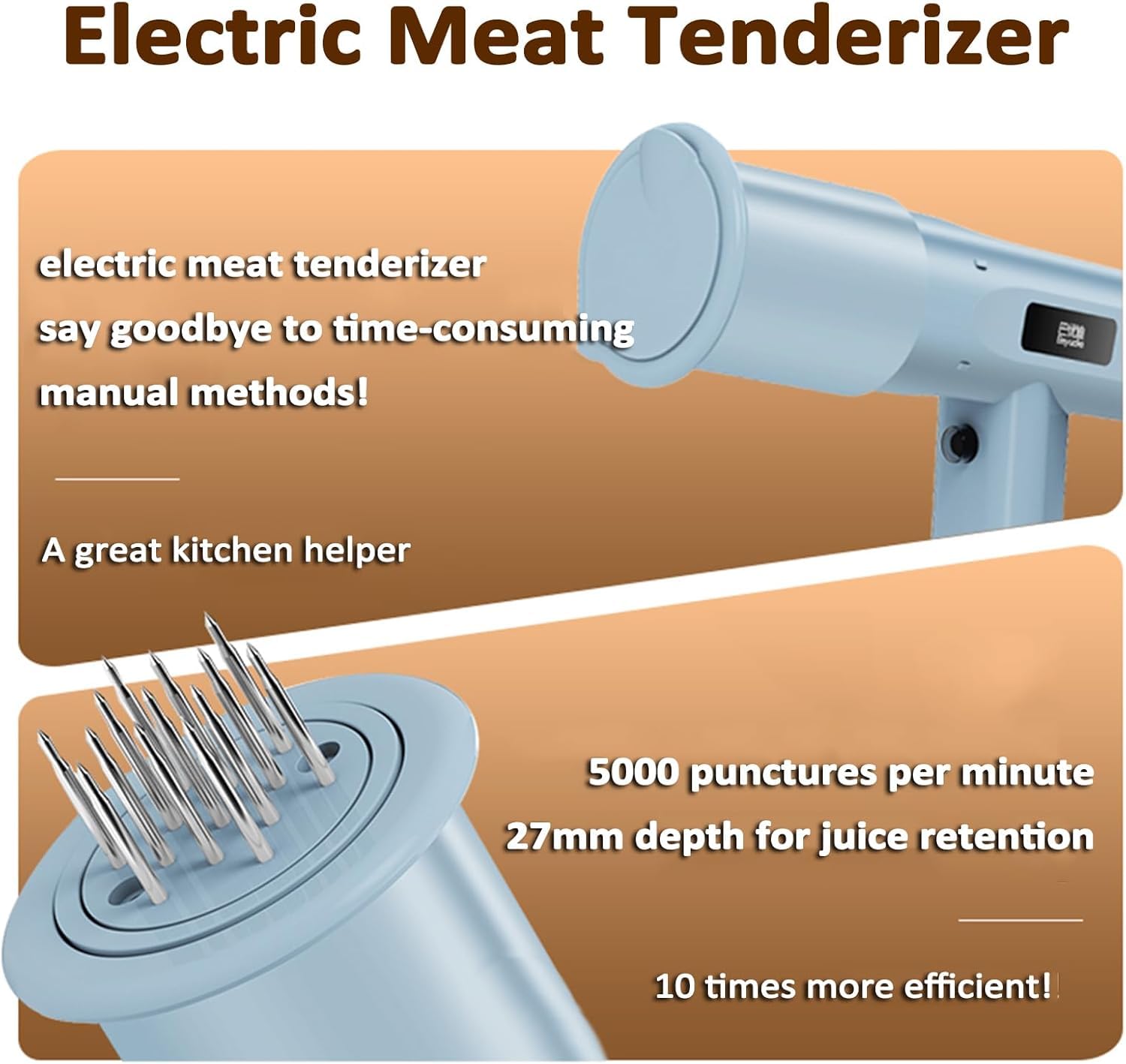 Elektrischer Fleischklopfer, handgeführt mit 13 Edelstahlnadeln, durchbohrt 5000 Mal/Min, wiederaufladbar und leicht zu reinigen zum Zartmachen und Grillen