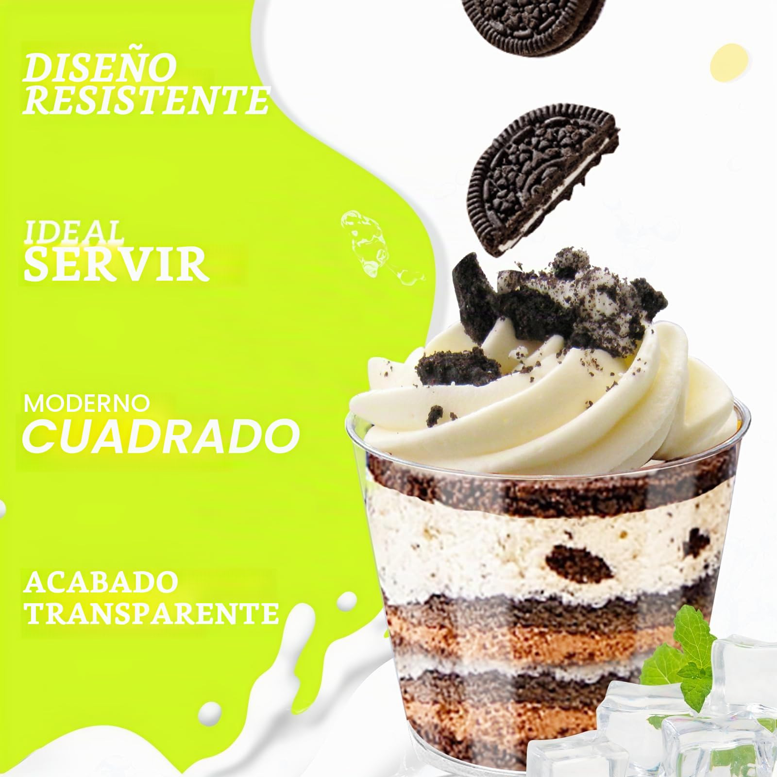 Vasos de Plástico para Postres 180ml, 50 Vasitos con Tapa y Cucharas, Recipientes Reutilizables para Fiestas