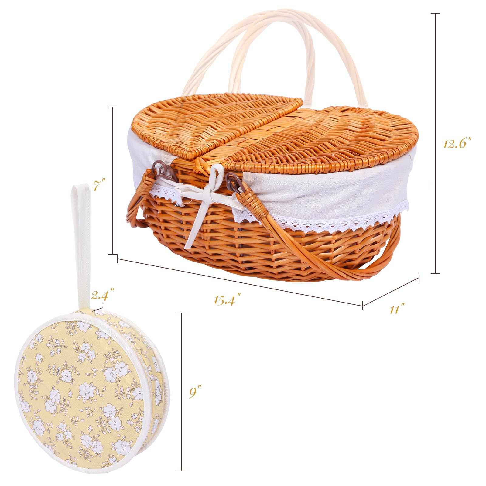 Juego de cesta de picnic de mimbre para 4 personas con tapa y asa, con forro lavable y juego de cubiertos para exteriores, camping, Halloween, Navidad y cumpleaños