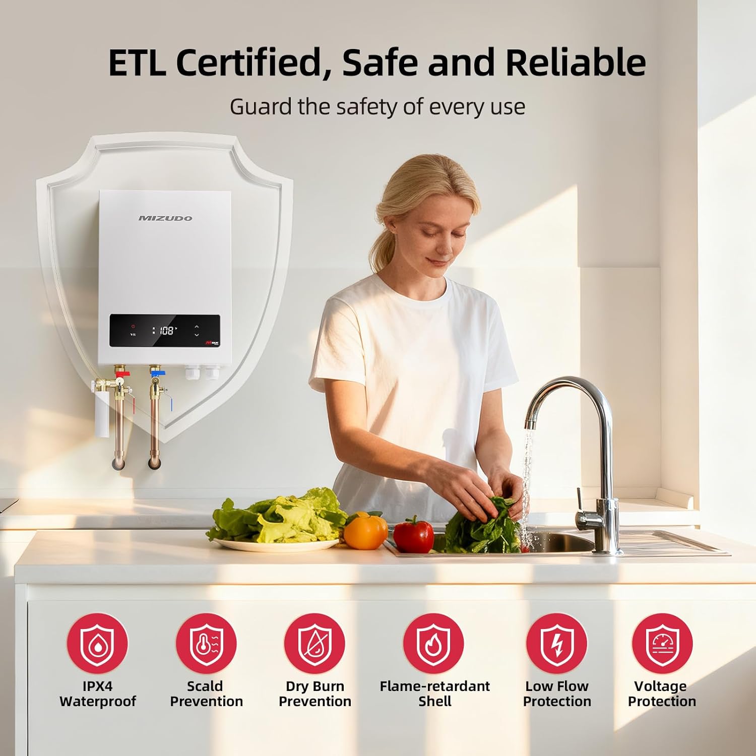 MIZUDO 18kW Tankless Water Heater Electric, 240 Volt Instant On Demand Hot Water Heater, Up to 4.2 GPM for 2-3 Point of Use, with LED Digital Display, ETL Certified