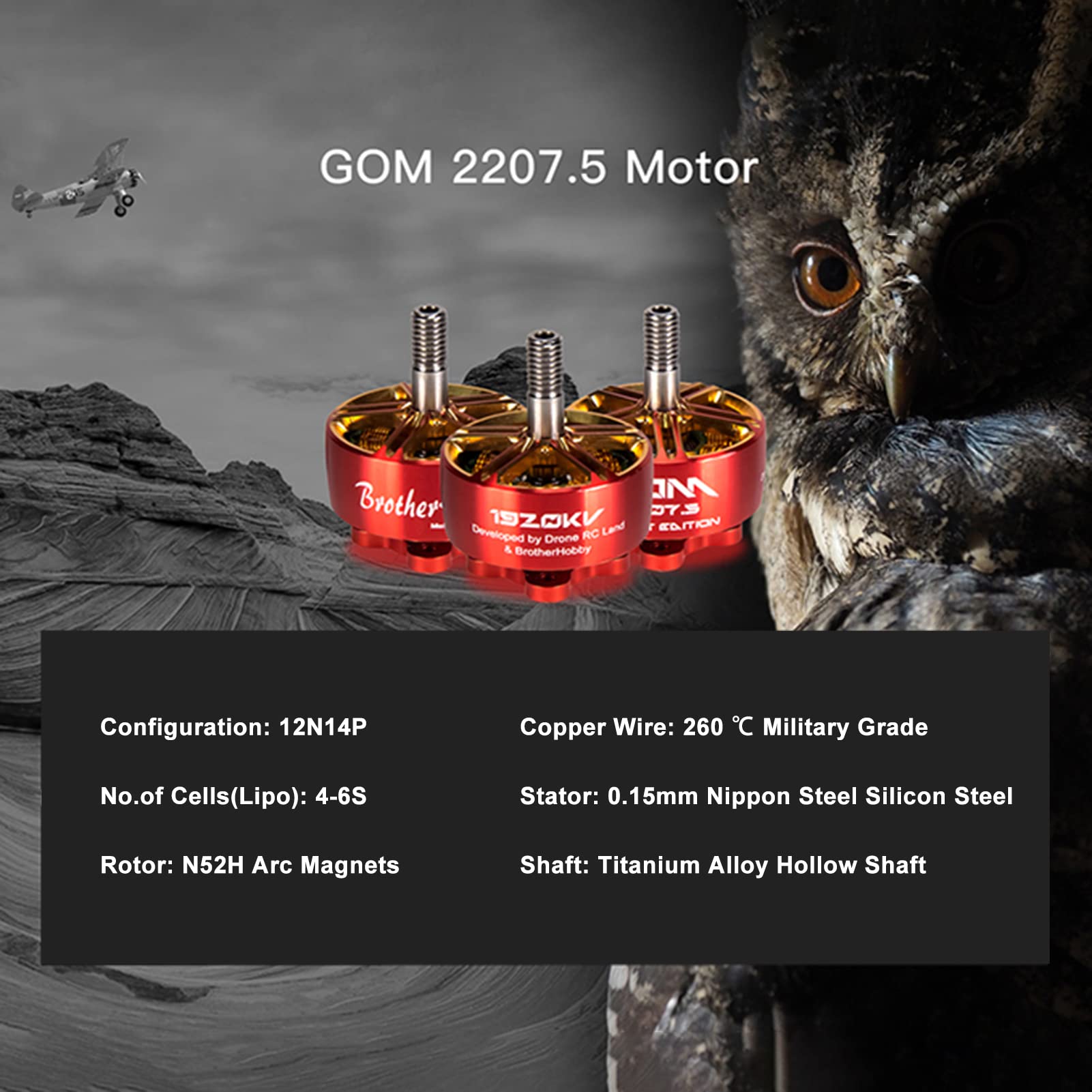 HUIOP GOM 2207.5 2500KV Motore brushless 4 pezzi per FPV RC Drone,Motore senza spazzole da 2500 KV