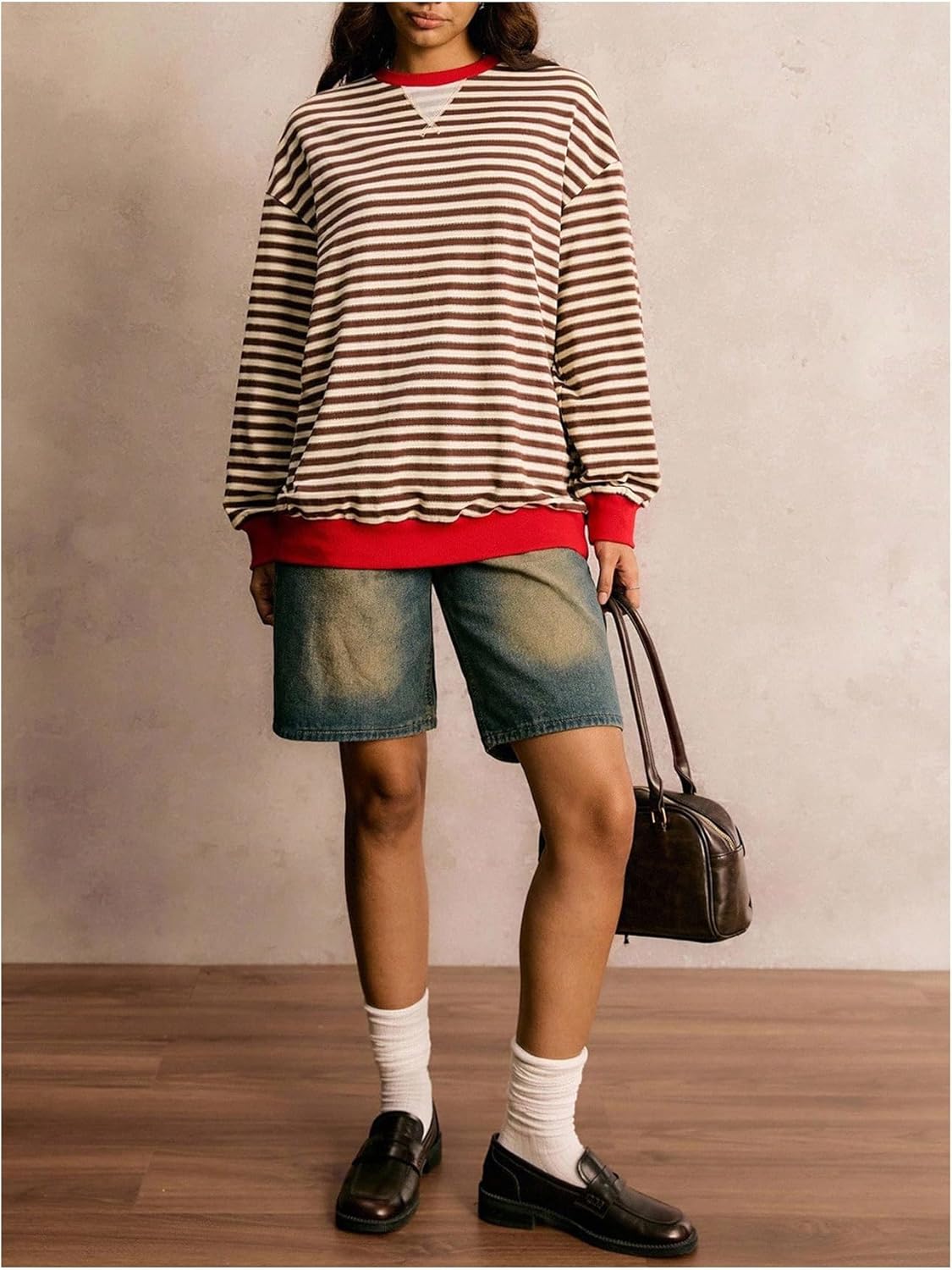 Floerns Women's Striped Long Sleeve Fall Sweatshirts Crewneck Vintage Oversized Pullover Tops - Image 5