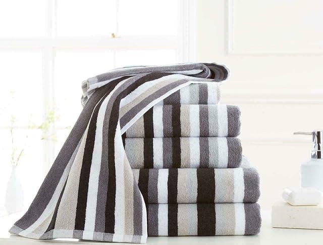 Victorian Royal Striped Cotton Towel Sets, Bath Towel, Hand Towel and Bath Sheet Sets, Bale Sets (Black-Grey, 2 x Hand Towel)