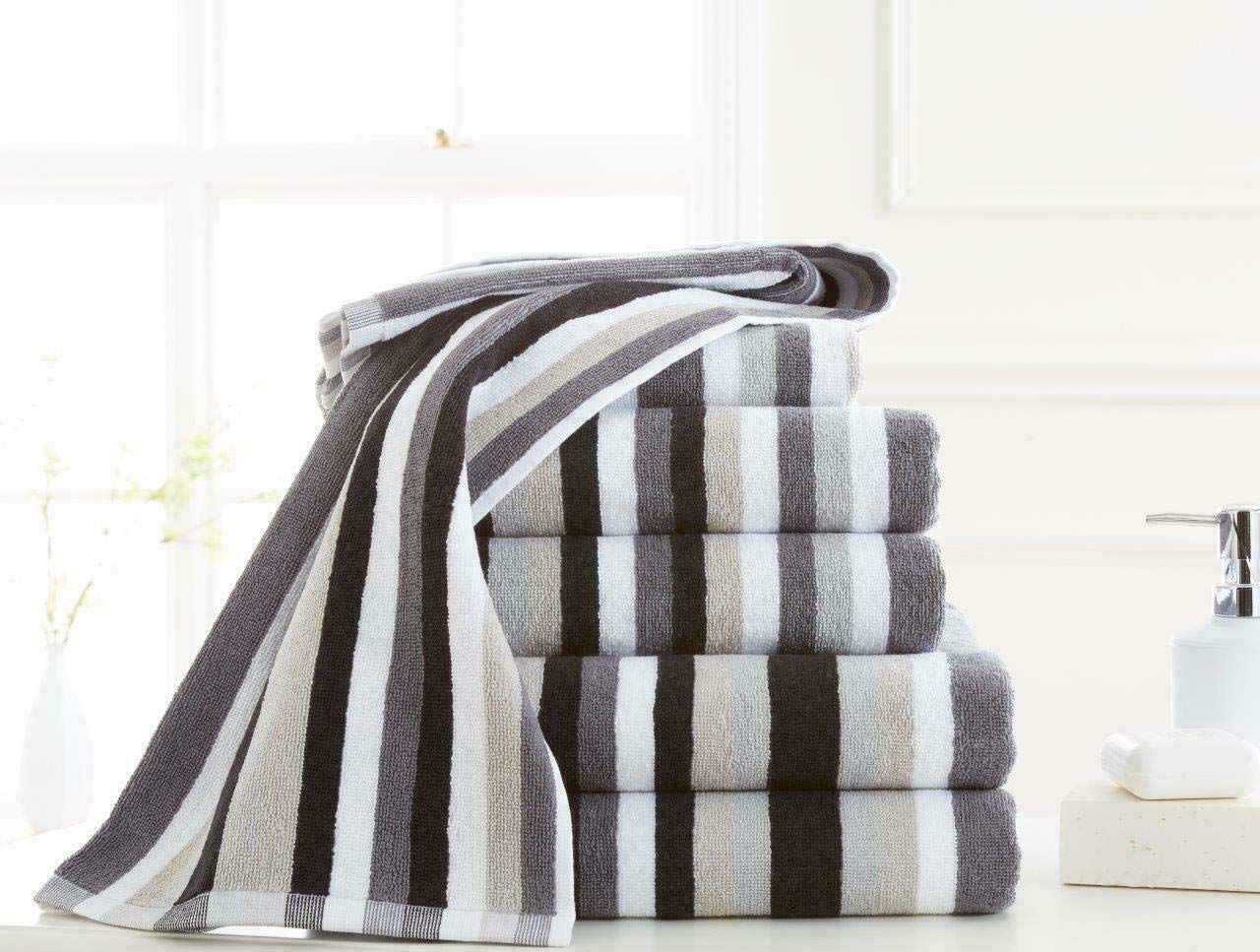 Victorian Royal Striped Cotton Towel Sets, Bath Towel, Hand Towel and Bath Sheet Sets, Bale Sets (Black-Grey, Bale of 6)