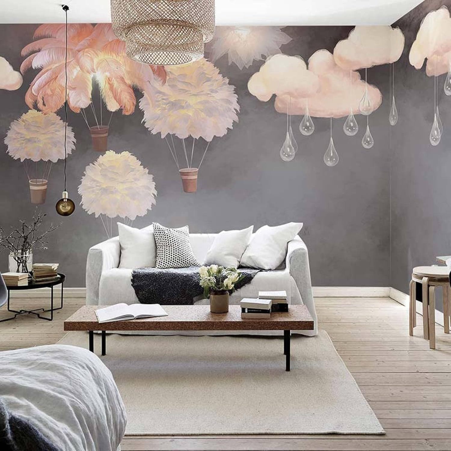 Funny Flower Pot Parachute 3D Photo Wallpaper Mural, Girl Cartoon Pink Cloud Mural Wallpaper, Wall Decor for Kids Room Living Bedroom Sofa TV Background Mural - 196.85"x 124.8"(W x H)