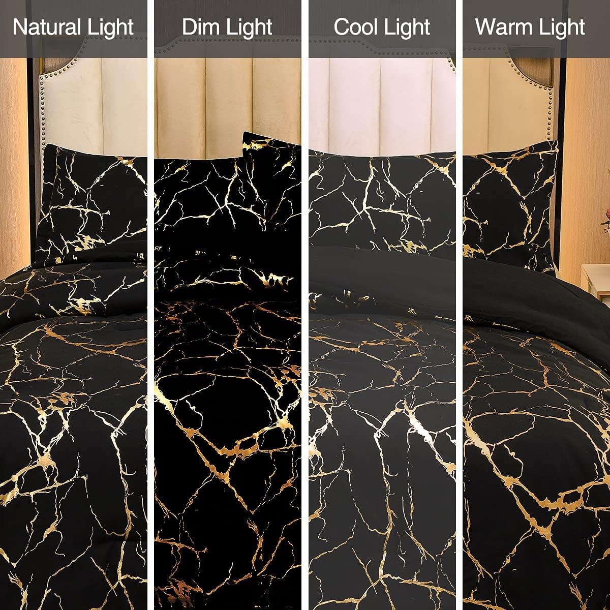Holawakaka Gold Metallic Marble Comforter Set Queen Size Foil Print Glitter Bedding Sets,Black/Gold,Queen - Image 2