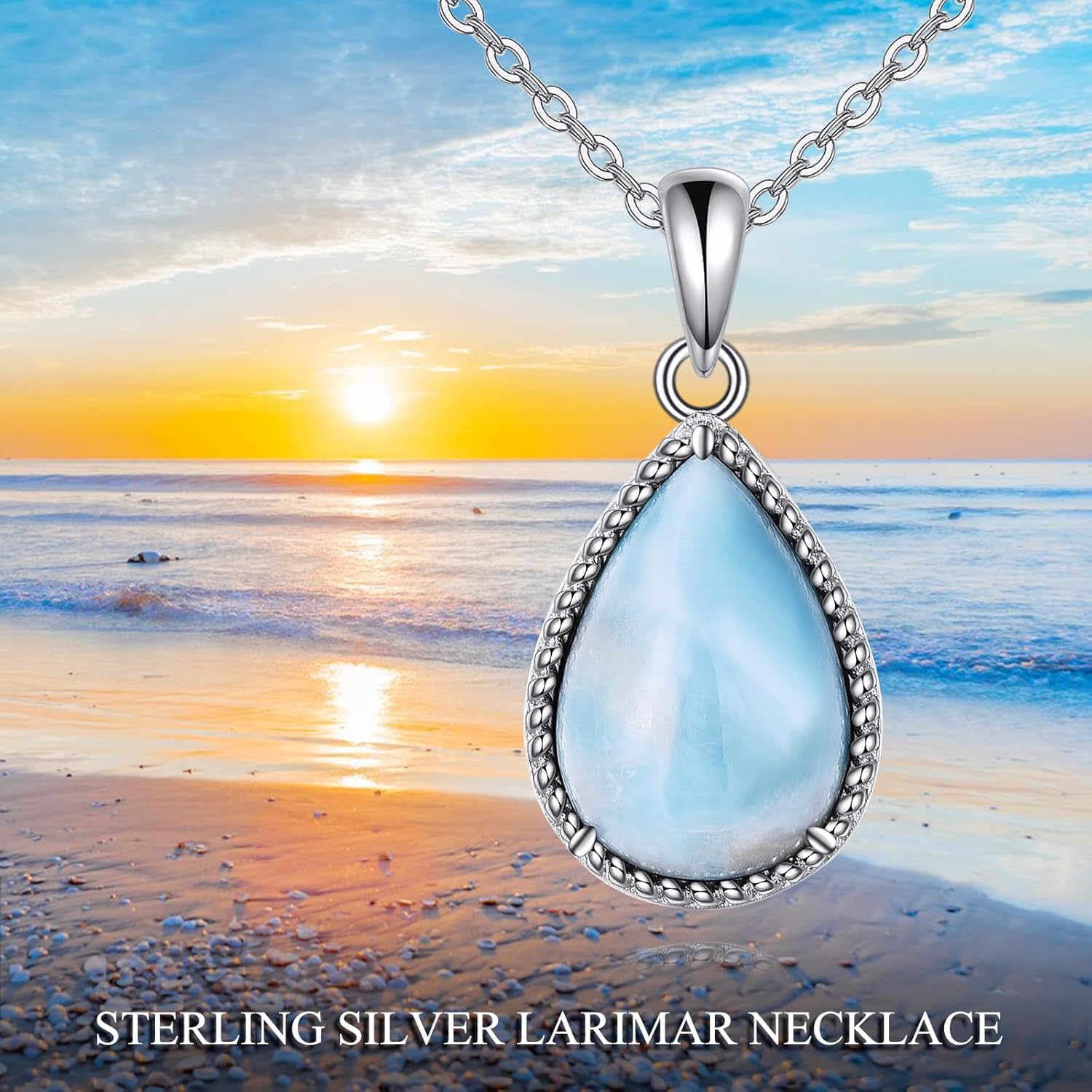 VONALA Sterling Silver Necklace Moss Agate/Turquoise/Larimar/Aquamarine/Opal/Black Onyx/Rose Quartz/Moonstone Pendant Teardrop Necklace Jewelry Gift for Women - Image 4