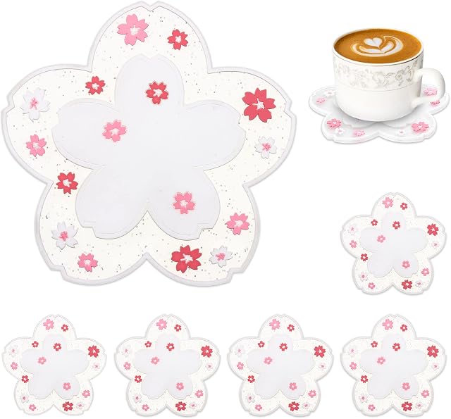 Conisy Flower Coasters for Drinks,6 Pcs Cute Non-Slip Washable Reusable Heat Resistant Silicone Coasters (Sakura,White)