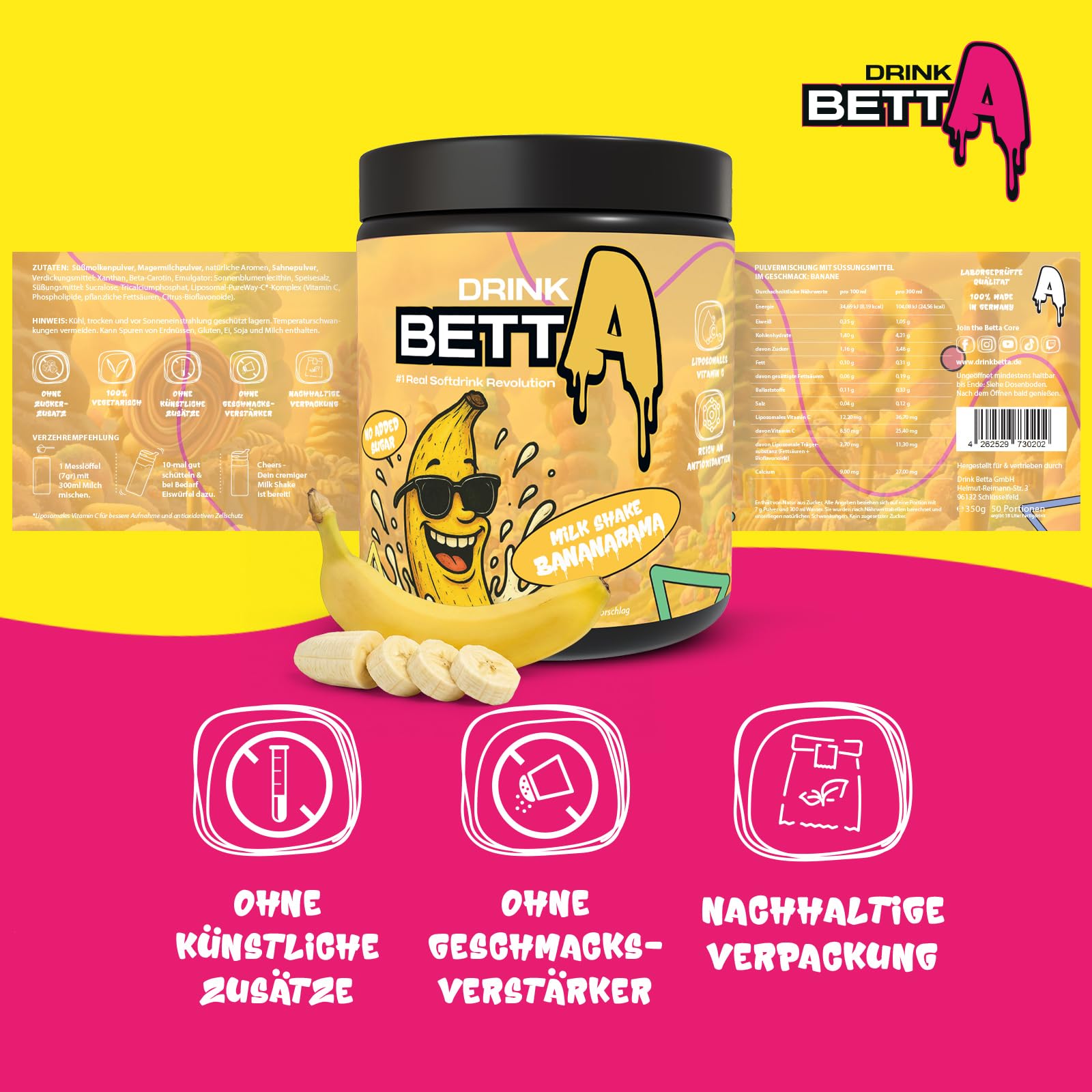 Drink Betta Milk Shake Bananarama - zuckerfreies Getränkepulver für Bananen-Milchshake - 50 Portionen - extra cremig, kalorienarm & mit liposomalem Vitamin C - 350 g