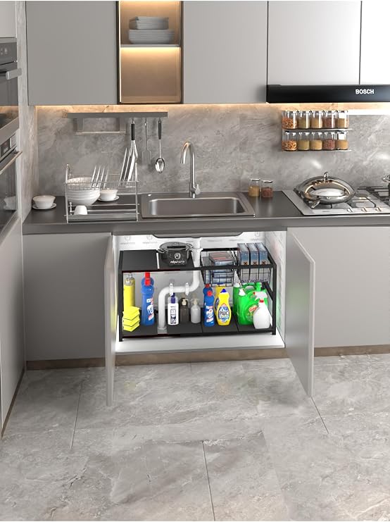 Genişletilebilir Raf Ayarlanabilir Düzenleyici 2 Metal Sepetli Mutfak Düzenleyici Banyo Düzenleyici Siyah